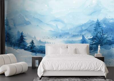 Blue winter watercolor background Wall mural