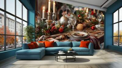 Christmas table setting for traditional lunch or dinner Wall mural