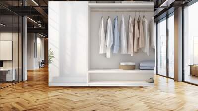 Clothes hanging on rail in white wardrobe. Scandinavian style interior design Wall mural