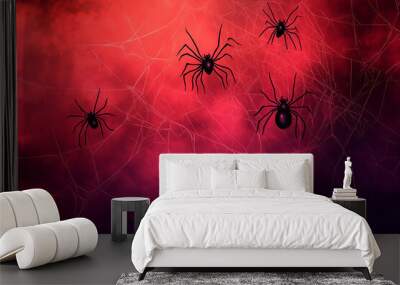 Halloween spider web banner with spiders, cobweb background Wall mural