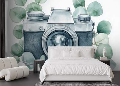 Old fashion photo camera, with a bouquet of eucalyptus entwined around it, watercolor, logo Wall mural