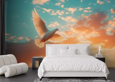 One White Dove flying in freedom at sunset Wall mural