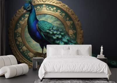 peacock with tail feathers splayed out behind it with gilded golden circle frames behind it Wall mural