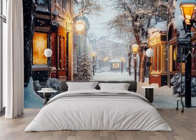 Winter city street. Beautiful Christmas atmosphere in city Wall mural