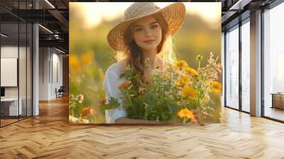 Young beautiful woman harvesting edible flowers Wall mural