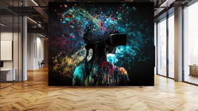 Abstract illustration of a woman wearing a virtual reality VR headset, hair and skin tinted in colorful digital projections, metaverse, web 3, created with generative AI Wall mural