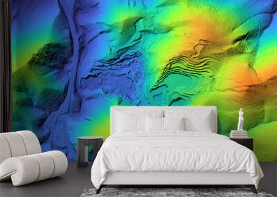 Concept de fond - Exploitation minière - Vue aérienne d'un mine à ciel ouvert - Rendu 3d modèle numérique de terrain avec colorisation hypsométrique Wall mural