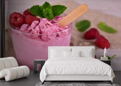 A glass of homemade raspberry ice cream and fresh raspberries.Close-up.
 Wall mural