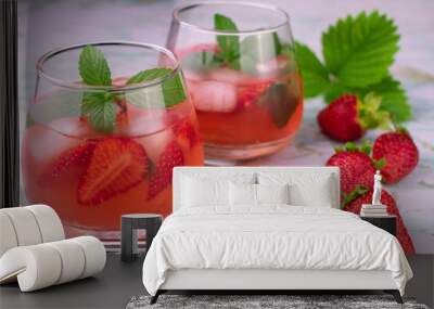 
Two glasses of strawberry mint drink on a marble background.
Close-up. Wall mural