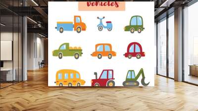 Vehicals cars and moped cute hand drawn flat childish icons vector set Wall mural