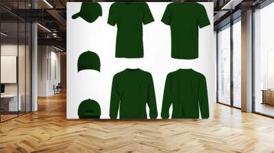 Sport green t-shirt, sweater and baseball cap isolated set vector Wall mural