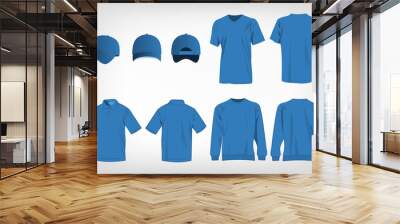 Sport light blue t-shirt, sweater, polo shirt and baseball cap isolated set vector Wall mural