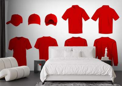 Sport red t-shirt, sweater, polo shirt and baseball cap isolated set vector Wall mural