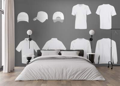 Sport white t-shirt, sweater, polo shirt and baseball cap isolated set vector Wall mural