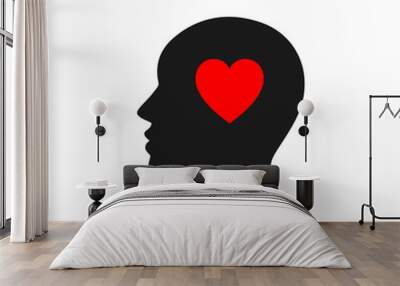 Black isolated icon of head of man and red heart on white background. Silhouette of head of man and heart. Love think. Flat design. Wall mural