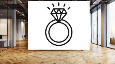 Black isolated outline icon of ring with diamond on white background. Line Icon of wedding ring. Wall mural