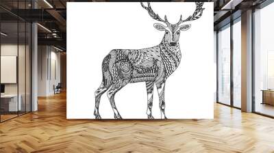 Isolated hand drawn black outline monochrome abstract ornate deer on white background. Ornament of curve lines. Page of coloring book. Wall mural