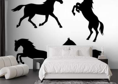 Set of silhouette of horses. Isolated black silhouette of galloping, jumping running, trotting, rearing horse on white background. Side view. Wall mural