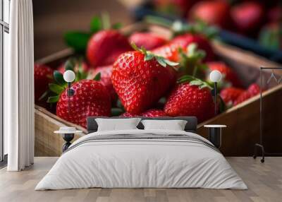 Lots of baskets with fresh ripe strawberries for sale at farmers market closeup. Generative AI. Wall mural