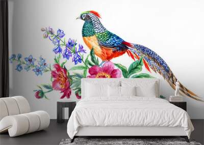 Pheasant on a bouquet of peonies and delphinium, decorative composition with flowers and birds, watercolor illustration on a white background. Wall mural