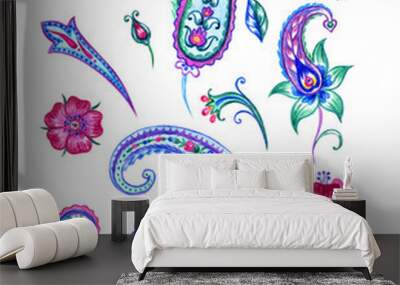 Set of paisley patterns, watercolor pattern on white background, isolated with clipping path. Wall mural