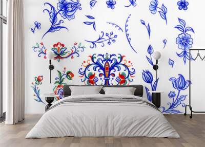 Set of patterns in a traditional folk style, watercolor drawing on a white background, isolated. Wall mural