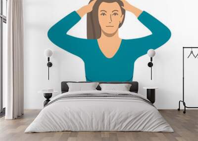 Vector colorful illustration. Neck and head exercises by girl for relax. Head massage by fingers. Creative concept. Blue and grey colors. White background Wall mural