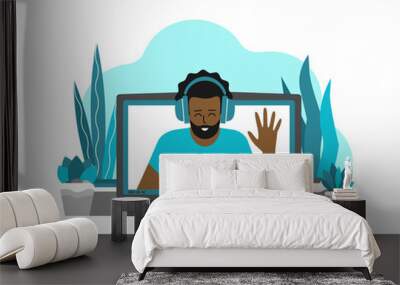 Vector flat concept with laptop and african american man (on screen) at home recording video on webcam. Remote work by bloggers, podcast hosts, teachers using online stream servises in quarantine time Wall mural