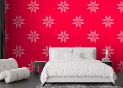 Vector illustration pattern with red background and white little cross stitched snowflake Wall mural