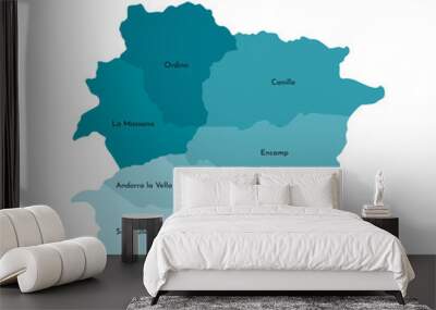 Vector isolated illustration of simplified administrative map of Andorra. Borders and names of the parishes (regions). Colorful blue khaki silhouettes Wall mural