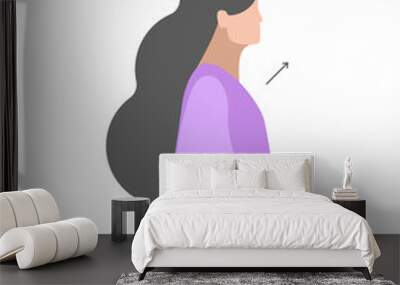 Vector isolated illustration. Exercises by girl who work with back. Correct straight posture. Creative concept. Violet colors. White background. Flat style Wall mural