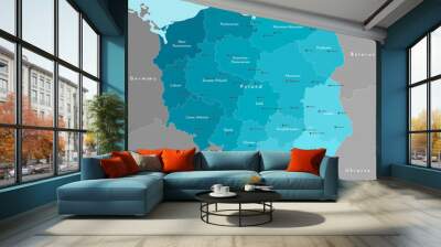 Vector modern illustration. Simplified geographical  map of Poland (in blue colors) and neighboring countries (Germany, Czech Republic, Ukraine and etc. in grey). Names of Polish cities and provinces. Wall mural