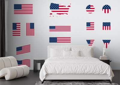 USA American Flag Icon Different Shapes Flat Vector Set Wall mural