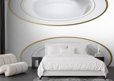 Empty white plates with gold rims isolated on white. Wall mural