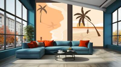 Abstract coloful landscape poster collection. Set of contemporary art beach print templates. Nature backgrounds for your social media. Sun and moon, sea, mountains, ocean, palms, surfers. Wall mural