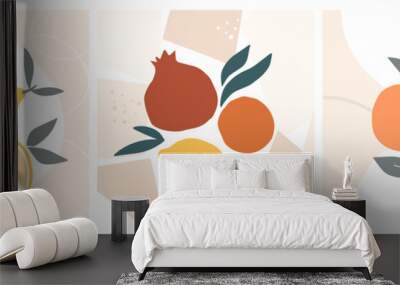 Abstract still life in pastel colors posters. Collection of contemporary art. Abstract paper cut elements, fruits for social media, postcards, print. Hand drawn apricot, pomegranate, lemons. Wall mural