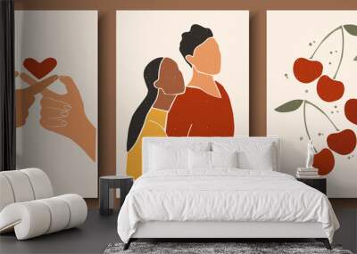 Set of abstract man and female shapes. Abstract couple portraits in pastel colours. Collection of contemporary art posters. Man holding woman's hand with love. Cherry and leaves abstract composition. Wall mural