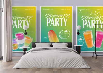 Summer party concept. Template set for invitation flyer, banner or poster. Colorful jelly and cocktail shots and bubbles on bright violet background. Vector illustration. Wall mural