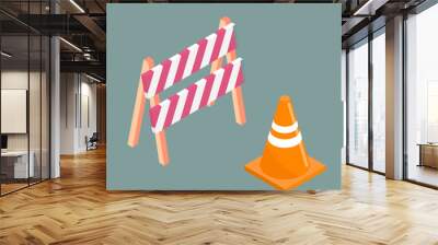 Traffic cone and barrier board. Vector isometric illustration. Sign for road repair. Wall mural