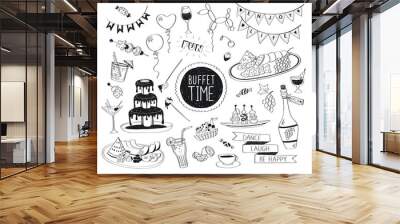 Buffet party doodle set. Hand drawn beverages icons isolated on white background. Doodle food and drinks. Chocolate fountain, fruit, bottle, tea, coffee, snacks. Wall mural