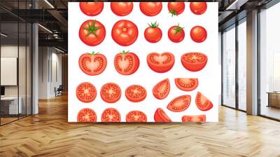 Collection of chopped tomatoes isolated on white background.  Tomato slices illustration. Wall mural