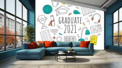 online graduation 2021 round composition. vector illustration in doodle style with colorful elements Wall mural