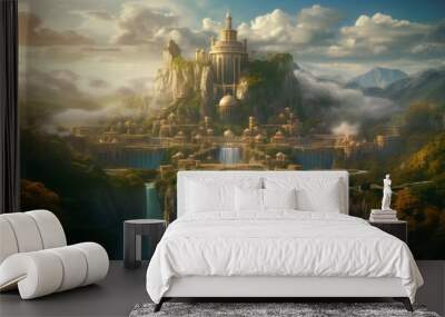 Fairytale fantasy city with waterfalls in the mountains at dawn in the morning. Ai generation Wall mural