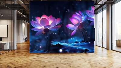 fluorescent lotus flowers at night in the moonlight. AI Generation  Wall mural