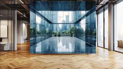 Glass corridor in the business center with access to a terrace with trees and city views. AI generation  Wall mural