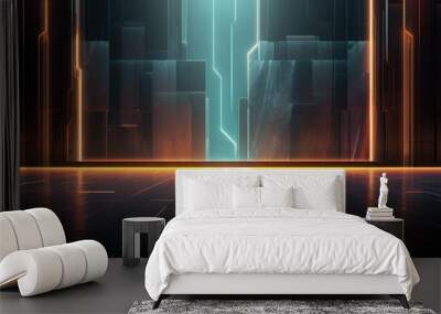 Stylish modern black stone wall with neon design. AI generation  Wall mural