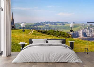 Panoramic view of Notre-Dame de la Garde chapel, the arch and the Needle in Etretat, Normandy Wall mural