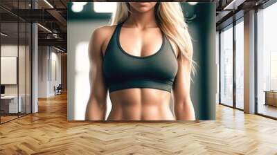 A beautiful athletic blonde girl in a sports bra and shorts poses for a photo with naked muscles. Generative AI Wall mural