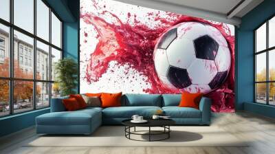 A soccer ball splashing through red paint creating vibrant dynamic motion Wall mural