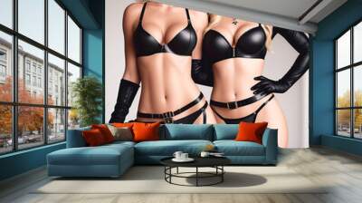 Beautiful erotic woman model in sexy black leather lingerie posing at the camera in erotic poses. Generative AI Wall mural